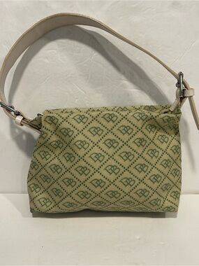 VTG Dooney & Bourke Cream Green Coated Canvas Monogram Leather Strap Purse Y2K